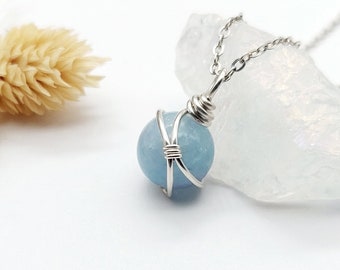 Aquamarine Necklace, Sterling Silver Aquamarine Necklace, March Birthstone, Sphere Aquamarine Pendant, Gift for her