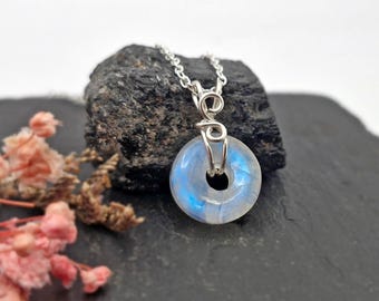Moonstone Donut Necklace Sterling Silver Moonstone Ring Shaped Necklace June Birthstone Wire Wrapped Choker Moonstone Pendant Gift for her
