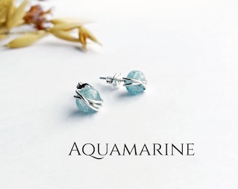 Aquamarine Stud Earrings Sterling Silver 14k Gold Filled Earrings Aquamarine Wire Wrapped Earrings March Birthstone Jewellery Gift for her