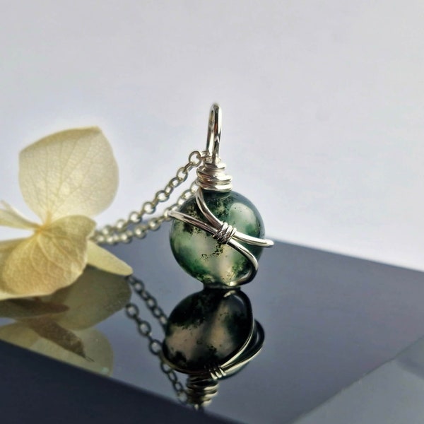 Moss Agate Necklace Sterling Silver Minimalist Gemstone Sphere Pendant Wire Wrapped Moss Agate  Jewellery Gift for her