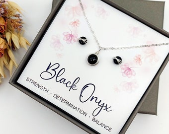 Black Onyx Jewellery Gift Set, Sterling Silver Necklace and Stud Earrings, Dainty Jewellery, Onyx Jewelry, Gift for her