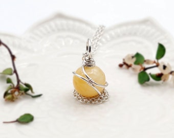 Yellow Jade Necklace Sterling Silver Sphere Necklace Wire Wrapped Honey Jade Silver Pendant Gemstone Jewellery Gift for her