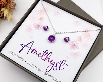 Amethyst Jewellery Gift Set, Sterling Silver Necklace and Stud Earrings, February Birthstone, Birthstone Jewelry, Gift for her