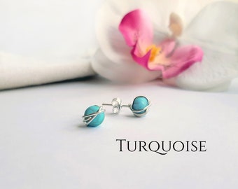 Turquoise Stud Earrings Sterling Silver 14k Gold Filled Earrings Turquoise Wire Wrapped Earrings December Birthstone Jewellery Gift for her