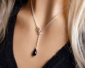 Black Onyx Lariat Necklace Sterling Silver Infinity Necklace Black Onyx Y Necklace Minimalist Onyx Gemstone Jewellery Gift for her