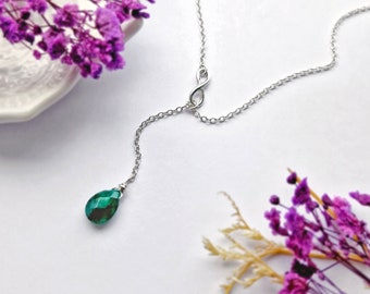 Emerald Lariat Necklace Sterling Silver Infinity Necklace Emerald Y Necklace Minimalist May Birthstone Emerald Jewellery Gift for her