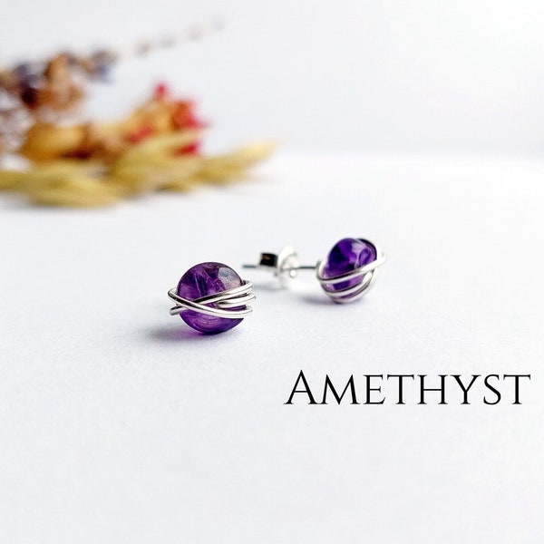 Amethyst Stud Earrings Sterling Silver 14k Gold Filled Earrings Amethyst Wire Wrapped Earrings February Birthstone Jewellery Gift for her