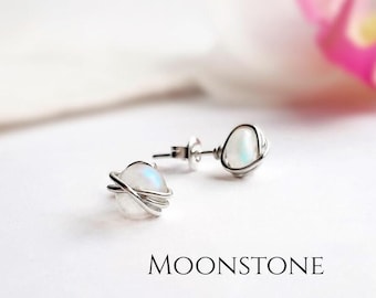 Genuine Rainbow Moonstone Stud Earrings, Sterling Silver Wire Wrapped, June Birthstone