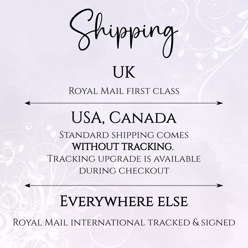 May include: Shipping information for orders in the UK, USA, Canada, and everywhere else. Orders in the UK are shipped via Royal Mail First Class. Orders in the USA and Canada are shipped via standard shipping without tracking, but a tracking upgrade is available during checkout. Orders to everywhere else are shipped via Royal Mail International Tracked & Signed.