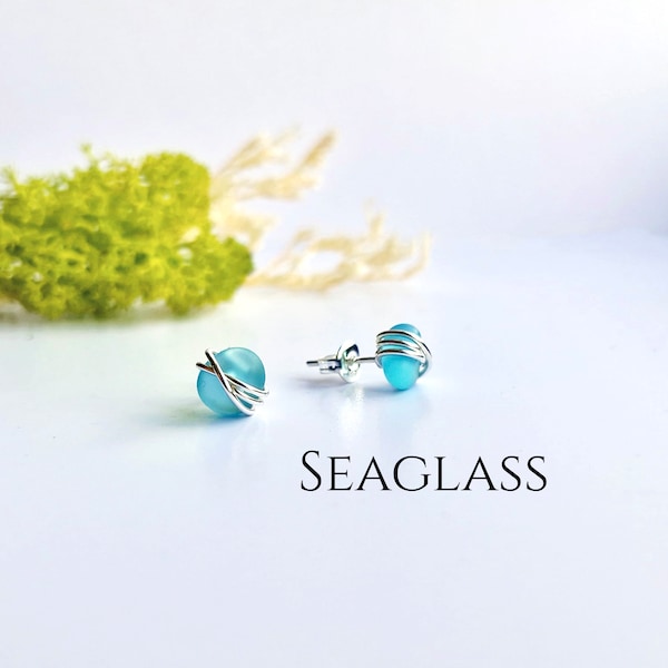 Seaglass Stud Earrings Sterling Silver Aqua Blue Sea Glass Earrings 925 Wire Wrapped Earrings Seaglass Jewellery Gift for her