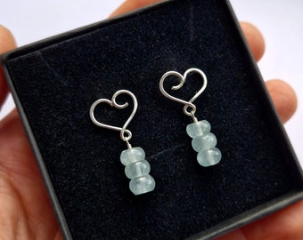 Aquamarine Heart Earrings Dangle Stud Earrings Sterling Silver Aquamarine Stud Earrings March Birthstone Aquamarine Jewellery Gift for her