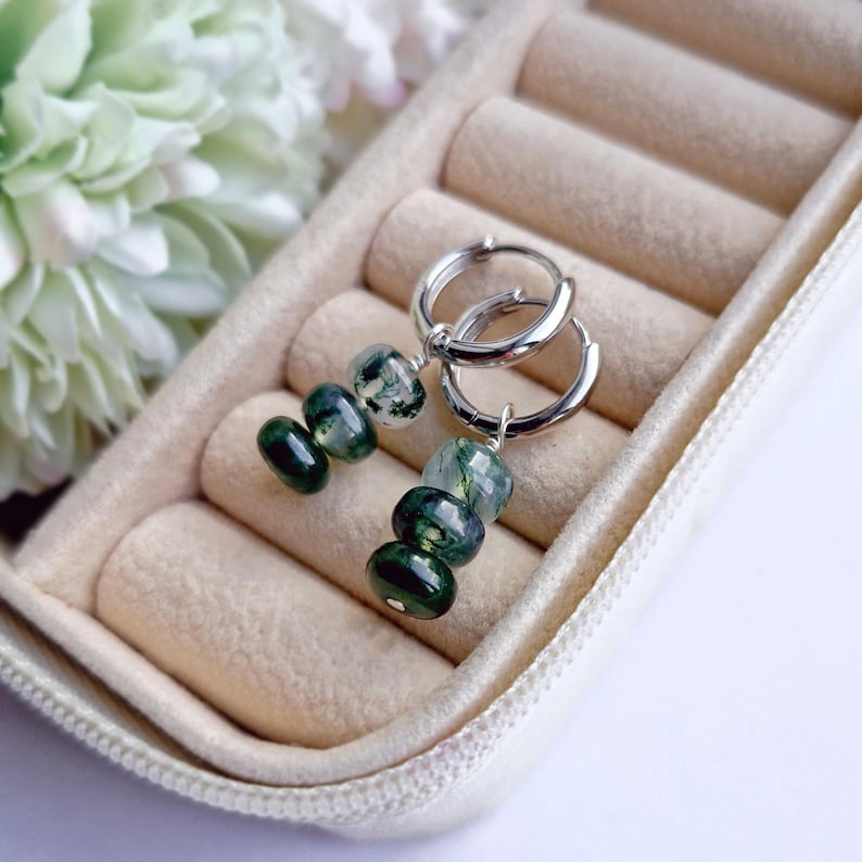 Moss Agate Hoops 925 Sterling Silver Hoop Earrings Moss Agate Gemstone