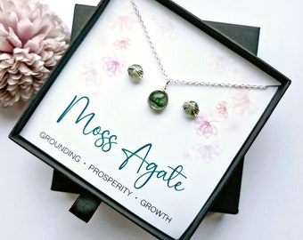 Moss Agate Jewellery Gift Set Sterling Silver Necklace and Stud Earrings Dainty Natural Gemstone Moss Agate Jewellery Gift for her