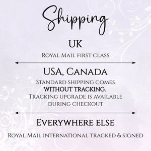 May include: A graphic with the word "Shipping" in a cursive font. Below, text indicates shipping options for the UK, USA, Canada, and Everywhere Else, with details about tracking.
