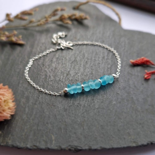925 Seaglass Sterling Silver Bracelet Dainty Blue Sea Glass Bracelet Delicate Beaded Bracelet Seaglass Jewellery Gift for her