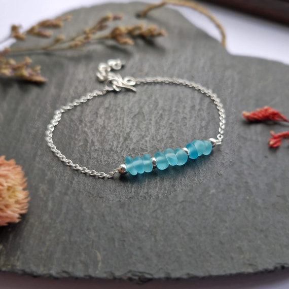 925 Seaglass Sterling Silver Bracelet Dainty Blue Sea Glass Bracelet Delicate Beaded Bracelet Seaglass Jewellery Gift for her