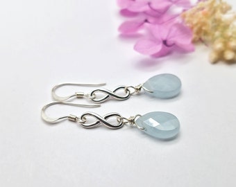 Aquamarine Infinity Earrings, Sterling Silver Dangle Earrings, March Birthstone Earrings, Aquamarine Wire Wrapped Earrings, Gift for her