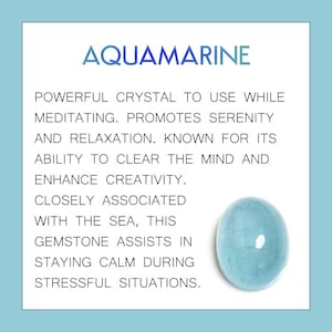May include: An image featuring the word "AQUAMARINE" in blue text. Below, text describes the gemstone's properties, including promoting serenity and enhancing creativity. A light blue, oval-shaped aquamarine gemstone is shown on the right.
