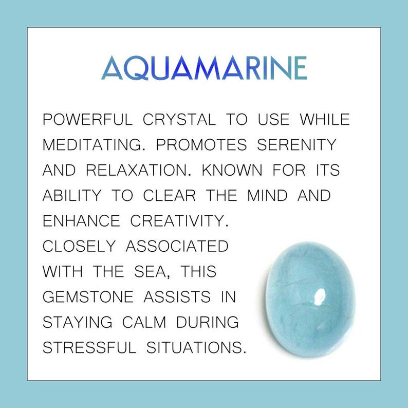 May include: An image featuring the word "AQUAMARINE" in blue text. Below, text describes the gemstone's properties, including promoting serenity and enhancing creativity. A light blue, oval-shaped aquamarine gemstone is shown on the right.