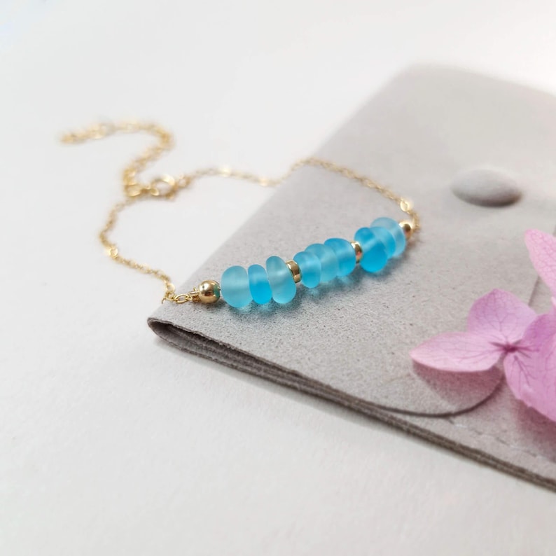 925 Seaglass Sterling Silver Bracelet Dainty Blue Sea Glass Bracelet Delicate Beaded Bracelet Seaglass Jewellery Gift for her 14K Gold Filled