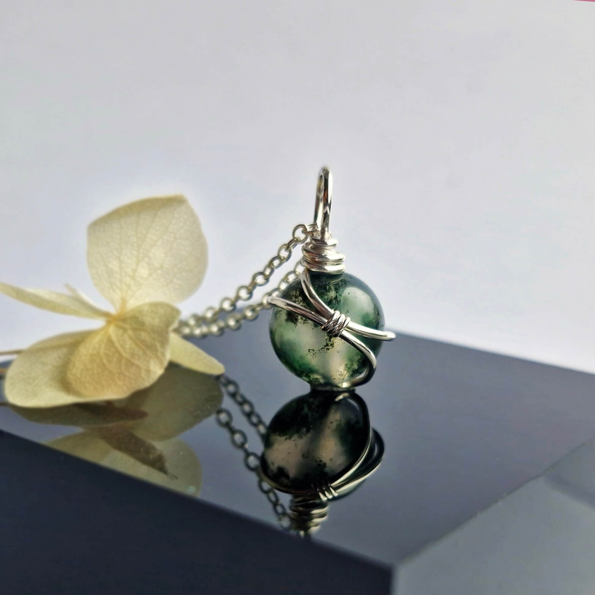 Moss Agate Necklace Sterling Silver Minimalist Gemstone Sphere Pendant Wire Wrapped Moss Agate  Jewellery Gift for her