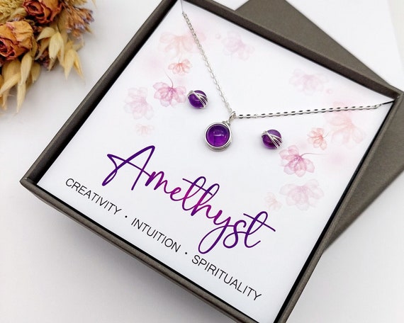 Amethyst Jewellery Gift Set, Sterling Silver Necklace and Stud Earrings, February Birthstone, Birthstone Jewelry, Gift for her