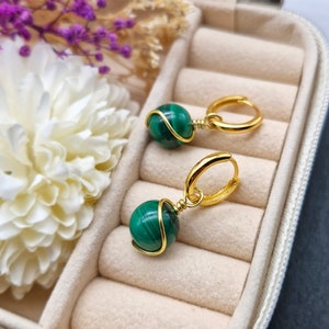 Malachite Hoops 925 Sterling Silver Hoop Earrings 18k Gold Huggie Hoops with Gemstone Charm Dangle Earrings Malachite Jewellery Gift