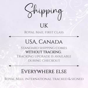 May include: Shipping information for orders in the UK, USA, Canada, and everywhere else. Orders in the UK are shipped via Royal Mail First Class. Orders in the USA and Canada are shipped via standard shipping without tracking, but a tracking upgrade is available during checkout. Orders to everywhere else are shipped via Royal Mail International Tracked & Signed.
