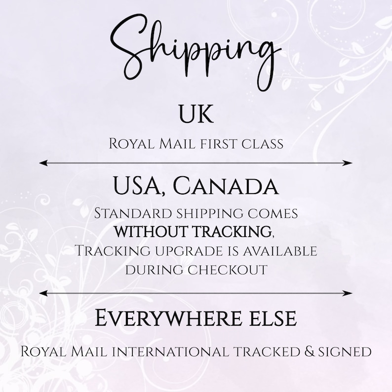 May include: Shipping information for orders in the UK, USA, Canada, and everywhere else. Orders in the UK are shipped via Royal Mail First Class. Orders in the USA and Canada are shipped via standard shipping without tracking, but a tracking upgrade is available during checkout. Orders to everywhere else are shipped via Royal Mail International Tracked & Signed.