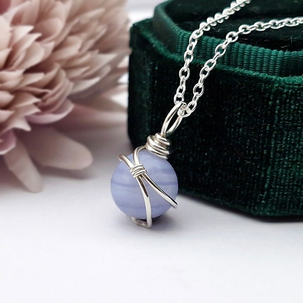 Blue Lace Agate Necklace Sterling Silver Minimalist Gemstone Sphere Pendant Wire Wrapped Blue Lace Agate Jewellery Gift for her