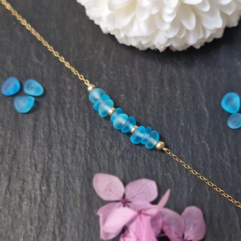 925 Seaglass Sterling Silver Bracelet Dainty Blue Sea Glass Bracelet Delicate Beaded Bracelet Seaglass Jewellery Gift for her image 8