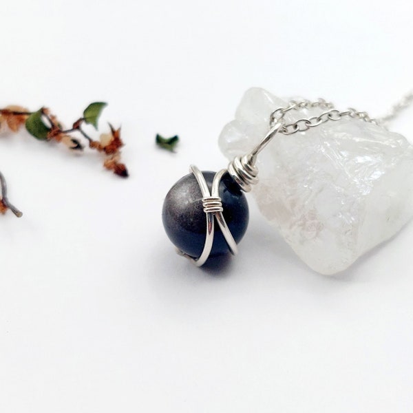 Obsidian Necklace Sterling Silver Minimalist Sphere Silver Sheen Obsidian Pendant Wire Wrapped Gemstone Jewellery Gift for her