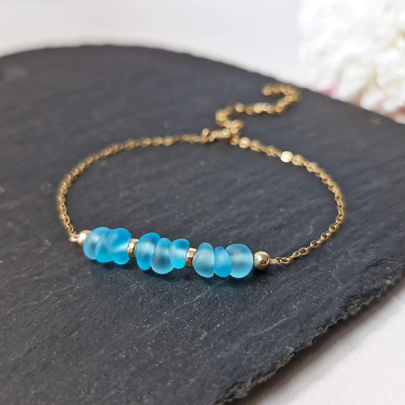 925 Seaglass Sterling Silver Bracelet Dainty Blue Sea Glass Bracelet Delicate Beaded Bracelet Seaglass Jewellery Gift for her image 5