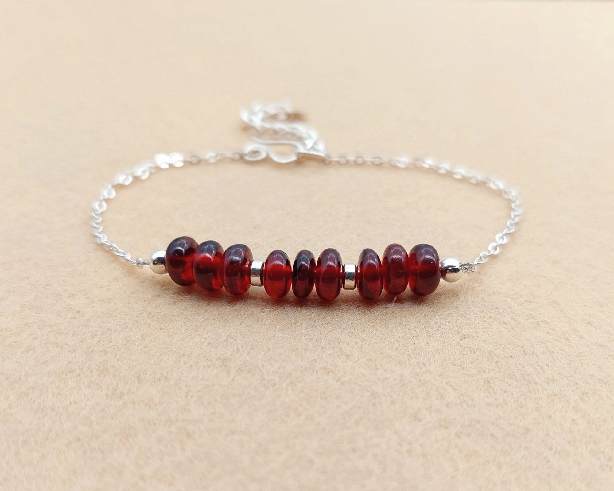 925 Garnet Sterling Silver Bracelet, Dainty Birthstone