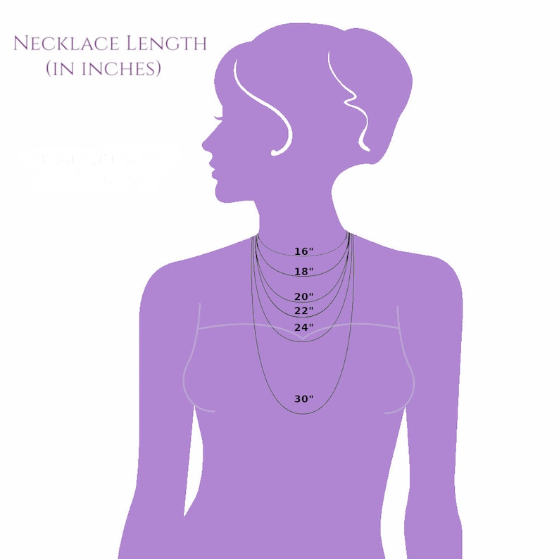 May include: A diagram showing different necklace lengths in inches on a purple silhouette of a person. The lengths are 16 inches, 18 inches, 20 inches, 22 inches, 24 inches, and 30 inches.