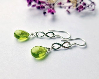 Peridot Infinity Earrings Sterling Silver Dangle Earrings August Birthstone Earrings Wire Wrapped Peridot Jewellery Gift for her