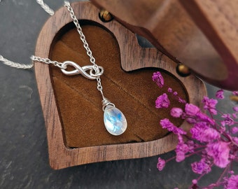 Moonstone Lariat Necklace Sterling Silver Infinity Necklace Rainbow Moonstone Y Necklace Minimalist June Birthstone Jewellery Gift for her