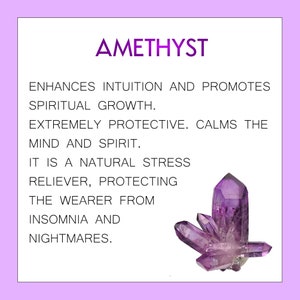 Peut inclure: Cristal d'am&eacute;thyste, une pierre pr&eacute;cieuse violette connue pour ses propri&eacute;t&eacute;s calmantes et protectrices. On dit qu'elle am&eacute;liore l'intuition et favorise la croissance spirituelle, soulage le stress et prot&egrave;ge contre l'insomnie et les cauchemars.