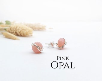 Pink Opal Stud Earrings Sterling Silver Dainty Earrings Pink Opal Wire Wrapped Earrings October Birthstone Jewellery Gift for her