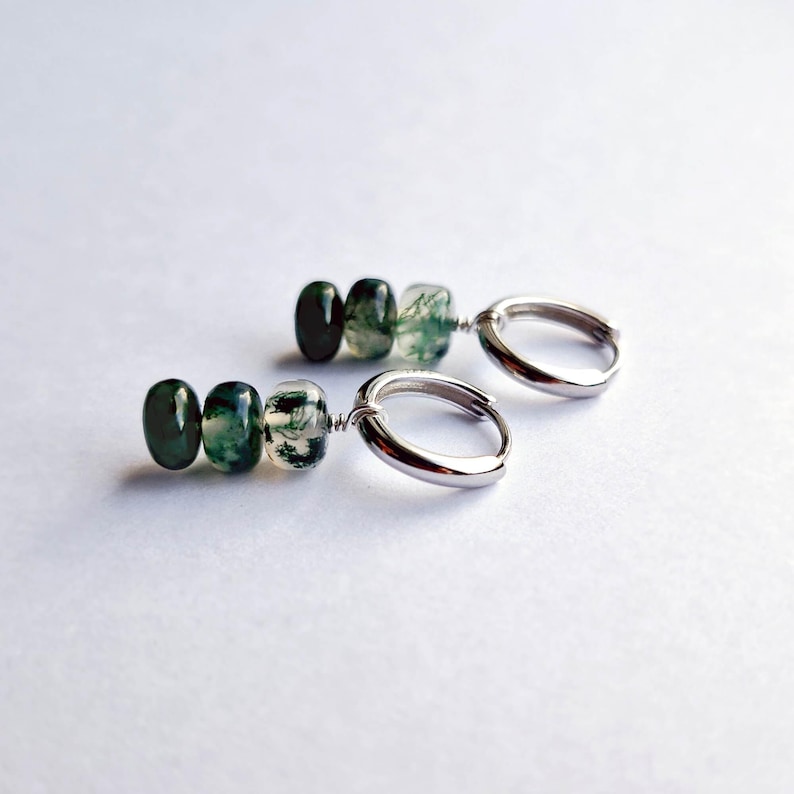 Moss Agate Hoops 925 Sterling Silver Hoop Earrings Moss Agate Gemstone