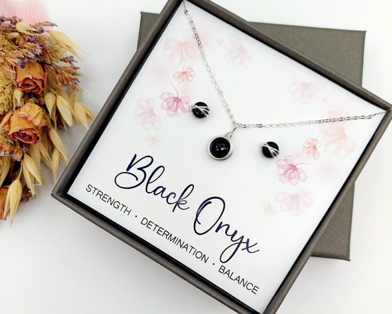 Black Onyx Jewellery Gift Set, Sterling Silver Necklace and Stud Earrings, Dainty Jewellery, Onyx Jewelry, Gift for her