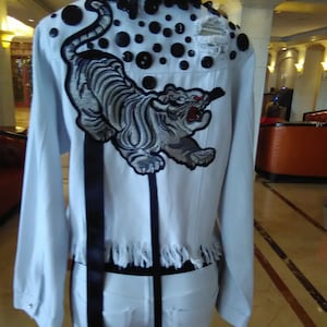 Hand Decorated White Denim Jacket ....   &quot;THE TIGRESS&quot;