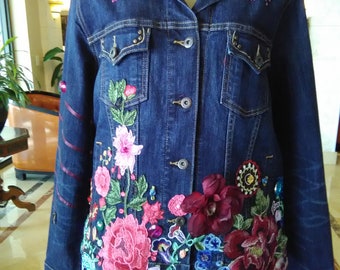 Embroidered applique One of a kind denim jacket  "BED OF ROSES"