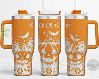 May include: Orange stainless steel tumbler with a handle and a straw. The tumbler has a silver design of pumpkins, bats, and flowers with the text "Trick or Treat".