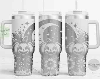 May include: A white stainless steel tumbler with a black and white design of a pumpkin, moon, and stars. The tumbler has a handle and a straw. The text "My Design Room To Yours" is on the tumbler.