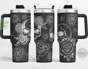 Skulls & Flowers 40oz Tumbler Laser File, Skulls + Roses 40oz Tumbler Laser Engraving Wrap, 40oz Laser Engraved SVG, Laser Engraving Design