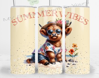 Highland Cow 20oz Skinny Tumbler Sublimation Design Digital Download PNG Instant DIGITAL ONLY, Summer Tumbler Wrap, Beach 20oz Tumbler Wrap