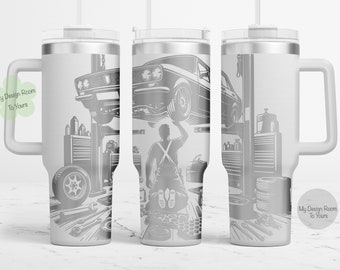 May include: A white stainless steel tumbler with a black and white graphic of a car being lifted by a mechanic in a garage. The tumbler has a handle and a straw. The text "My Design Room To Yours" is on the tumbler.