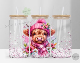 Highland Cow 16oz Libbey Glass Wrap, Pink Highland Cow 16 Oz Glass Can Wrap PNG, Glass Tumbler Wrap, Glass Can Sublimation Wrap, Cow PNG