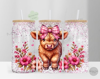 Highland Cow 16oz Libbey Glass Wrap, Highland Cow Bow 16 Oz Glass Can Wrap PNG, Glass Tumbler Wrap, Glass Can Sublimation Wrap, Cow PNG